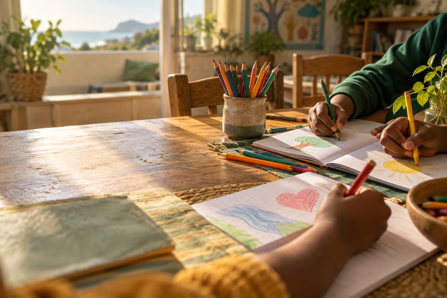 Illustrative image of children’s hands drawing together at a sunlit table.